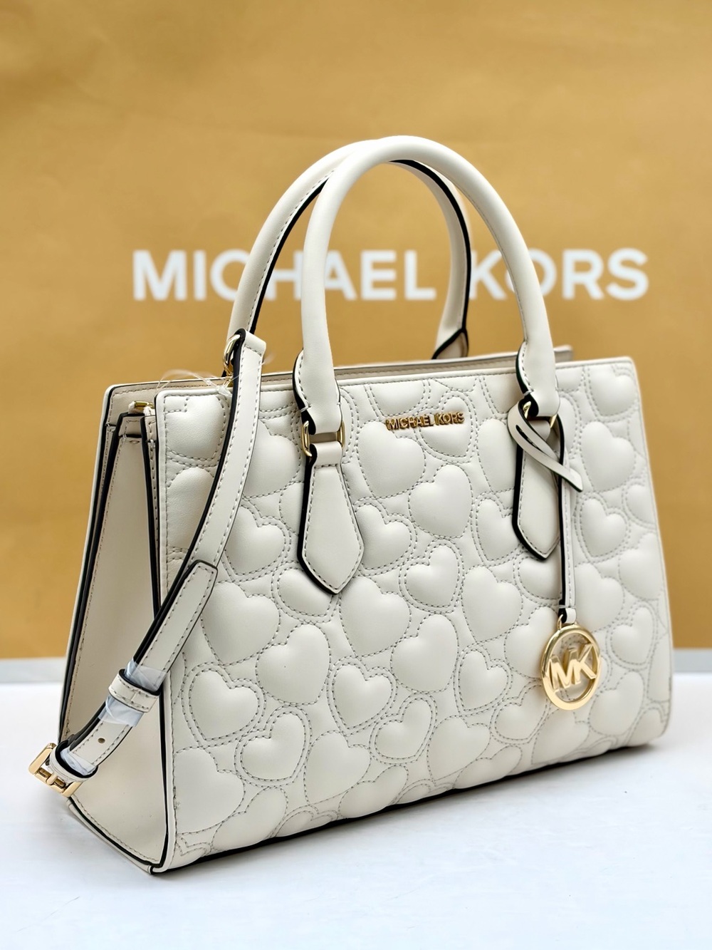 Michael Kors Cream Quilted Heart Satchel with Gold Hardware